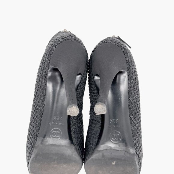 Chanel CC Cap Toe Ankle Booties Size 38.5 US 7.5-8 Black Beaded High Heel Boot - Picture 13 of 16